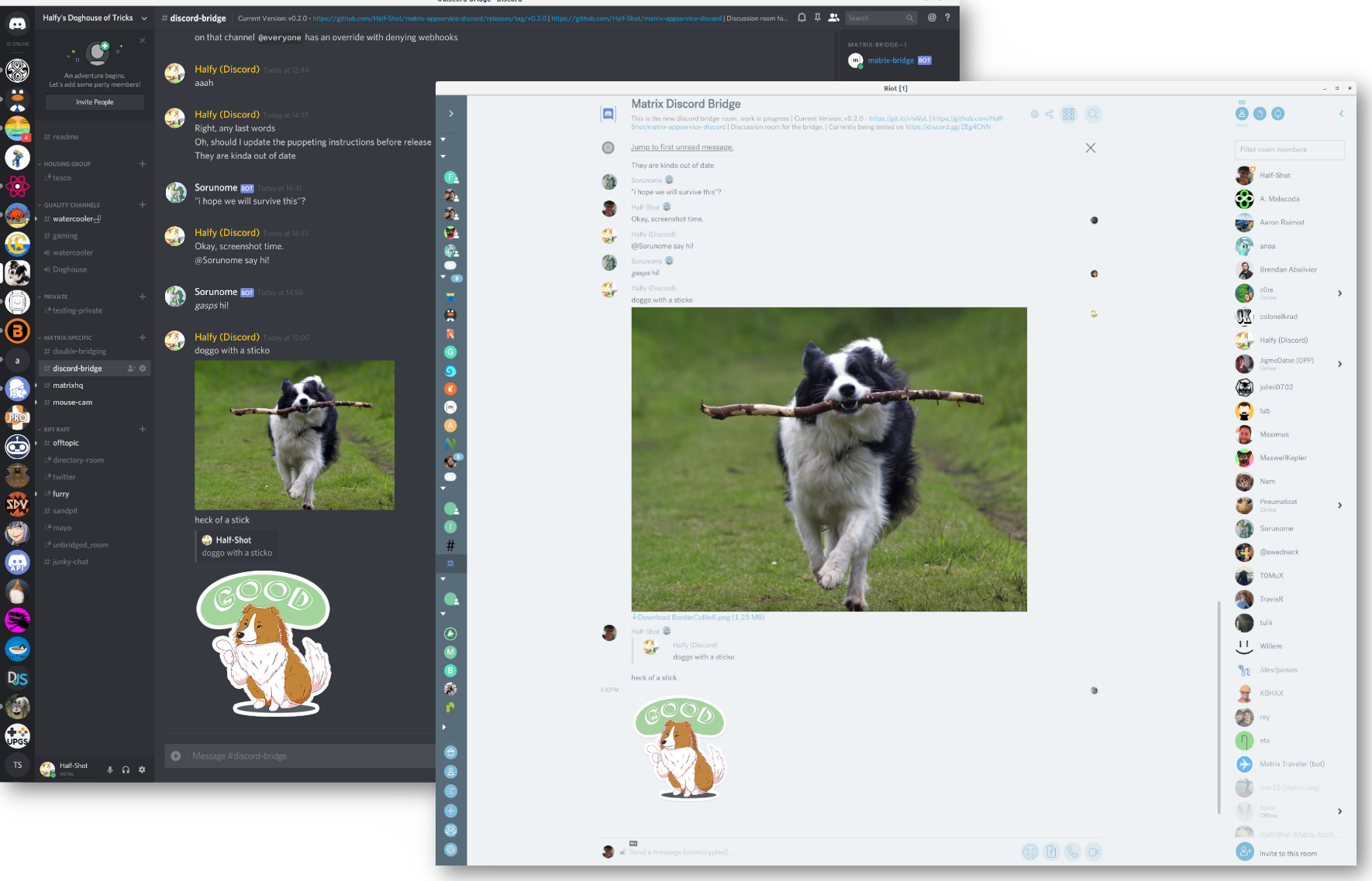 Screenshot of Element and Discord working together