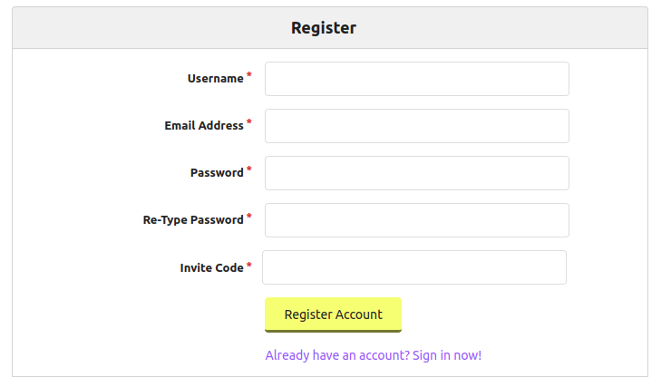 a screenshot of the gitea new account registration form, including an "Invite Code" field at the end