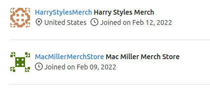 a screenshot of two spam accounts, "HarryStylesMerch" and "MacMillerMerchStore"