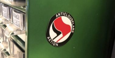 modified version of an oldschool antifa sticker that says "anticloudflare aktion"