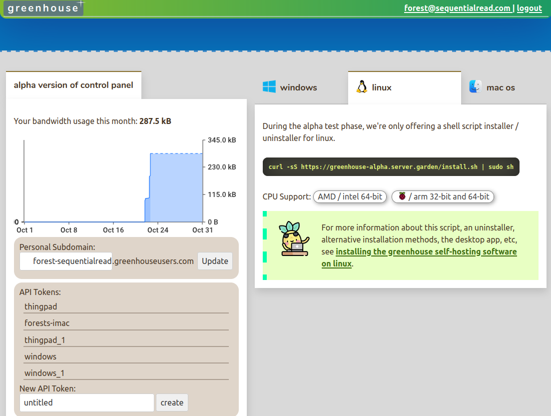 a screenshot of the alpha version of the greenhouse admin panel with "choose your greenhouseusers.com subdomain" feature, a bandwidth usage graph, and cross platform self-hosting software installation options